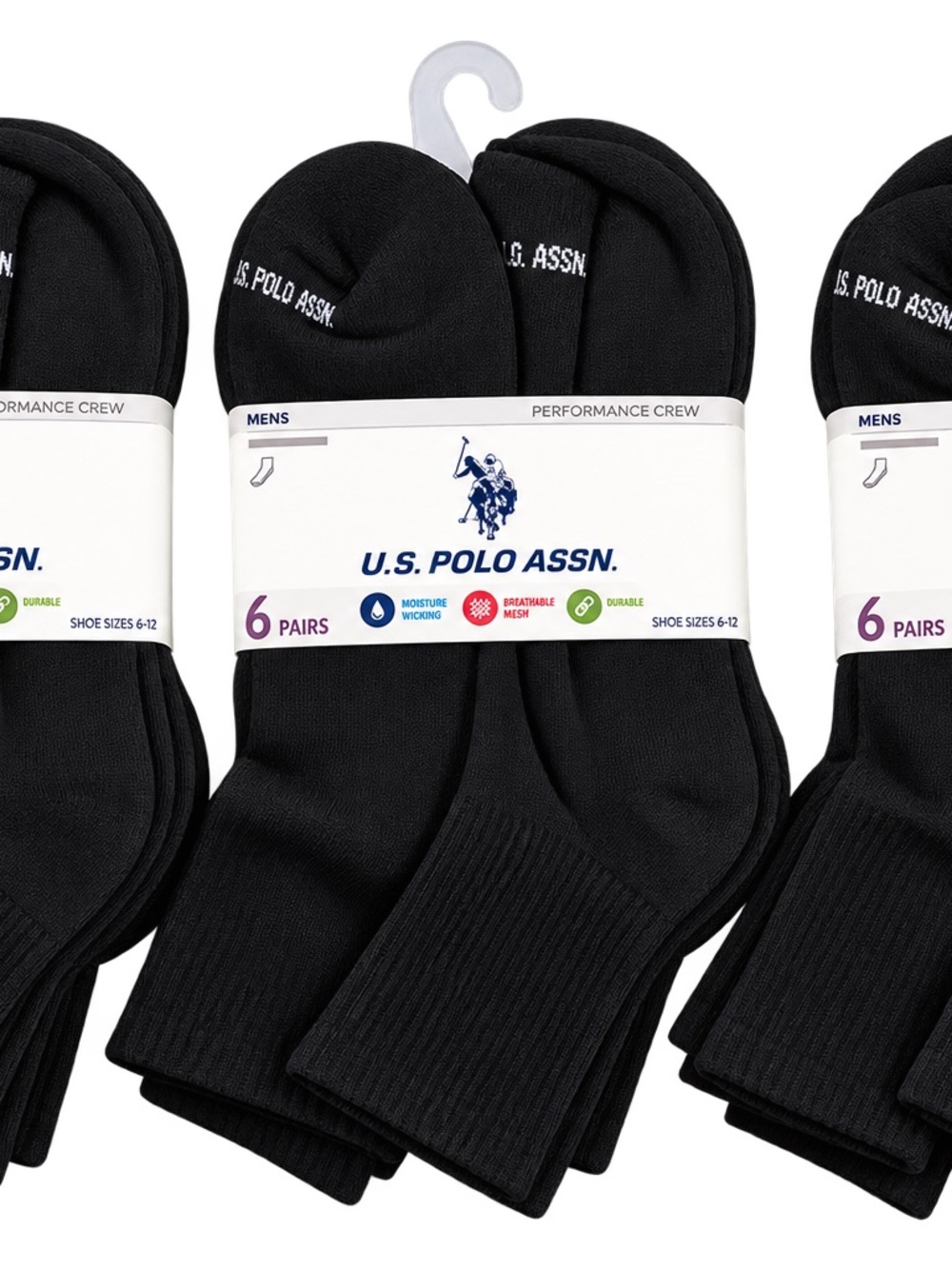 U.S. Polo Assn. Men's Black Performance Crew Socks - 6 Pack